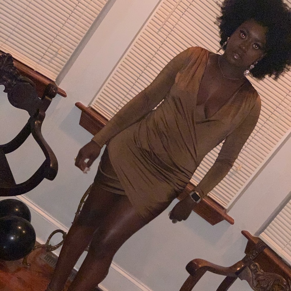 Chocolate Slinky Drape Front Sleeve Bodycon Dress